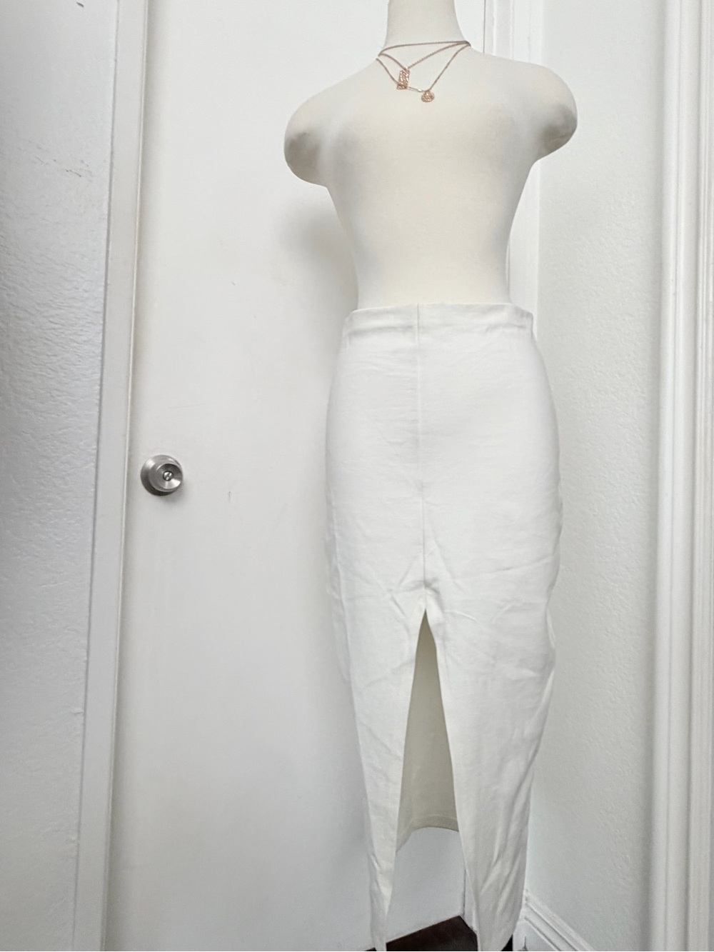 Windsor White High-Rise Midi Pencil Skirt with Center Front Slit